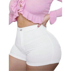 White Women's High Waist Denim Shorts Straight Leg Roll Up Hem Button Jean